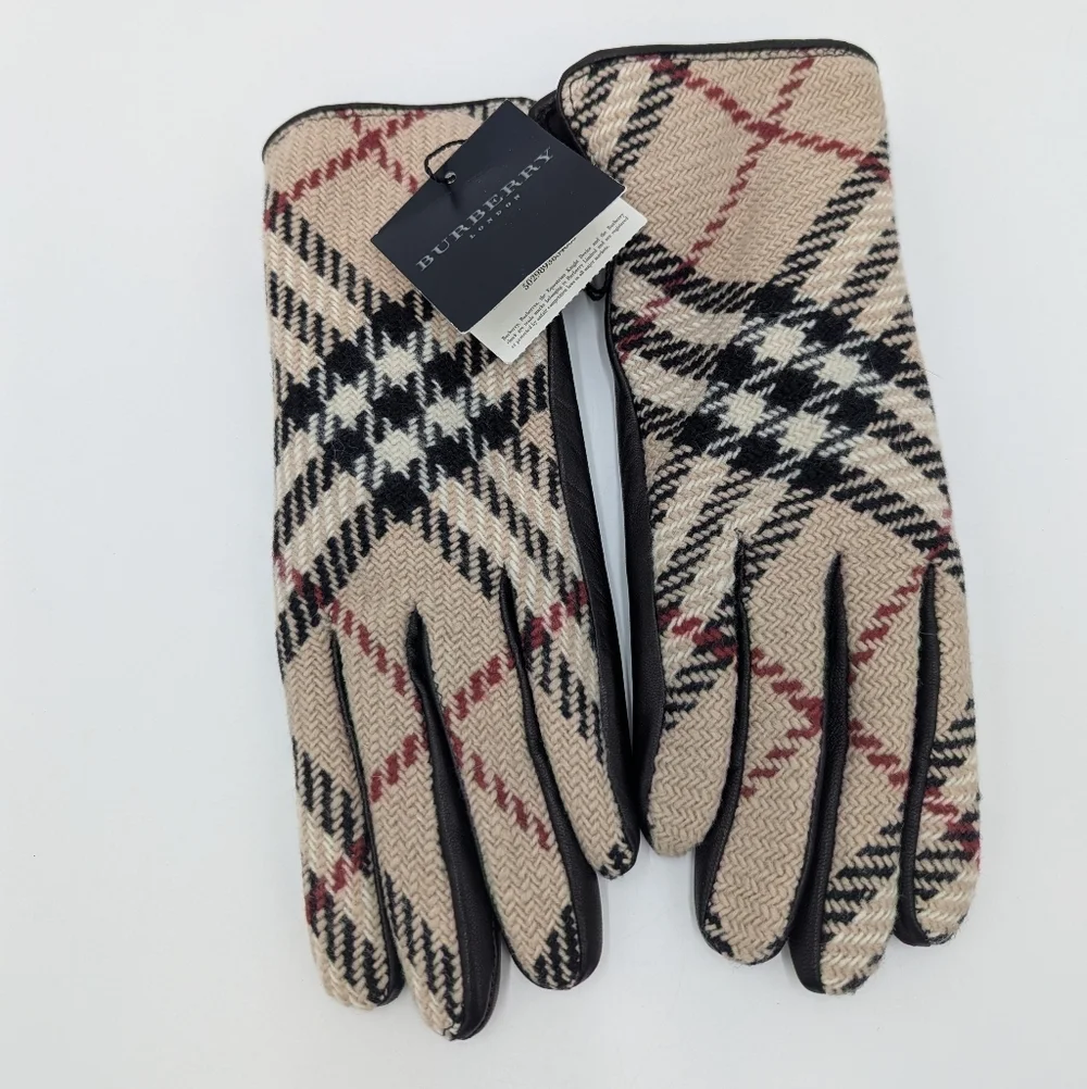 Burberry Lambswool Leather Gloves Black 7.5 Authentic Winter Luxury Women's NWT